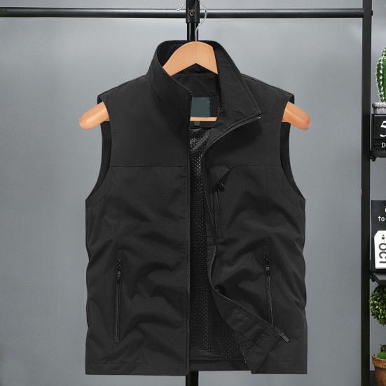 Pánská vesta stojáček límec bez rukávů vesta se zapínáním na zip kabát s velkými kapsami jednobarevná outdoorová rybářská vesta