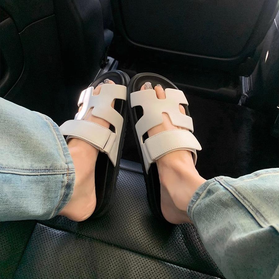 Evropská stanice kožené retro silné podrážky stříbrné suché zipy cool pantofle dámské ploché podrážky H druhý strýc pantofle ležérní plážové boty