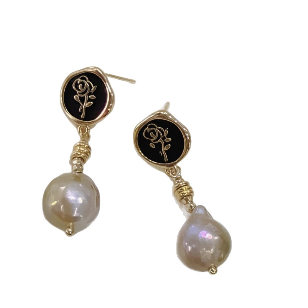 Natural Wrinkled Bronze Pearl Earrings Baroque Earrings Temperament Versatile Earrings 925 Silver Needle Flower Earrings Silver needle