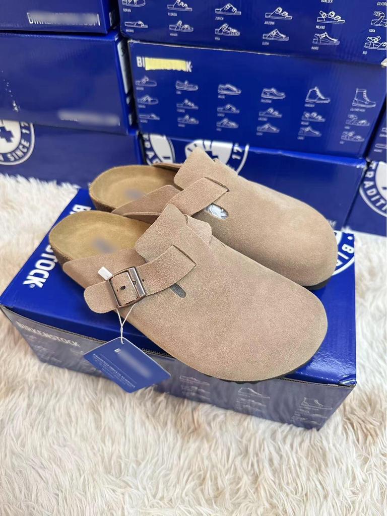 Birkenstock Genuine Leather Closed-Toe Half Slippers for Men and Women - Cork Insole, Spring/Autumn Style.