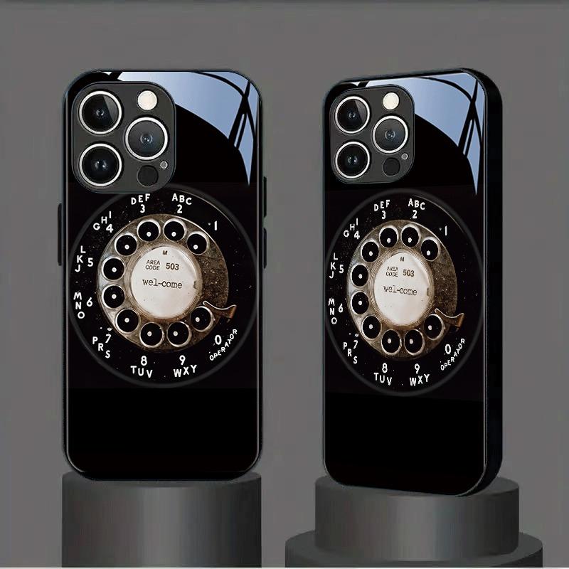 Funda de Teléfono Negra de Cristal Templado con Patrón de Dial Giratorio Retro para Samsung Galaxy S25 S24 S23 Ultra Plus FE Cubierta a Prueba de Golpes