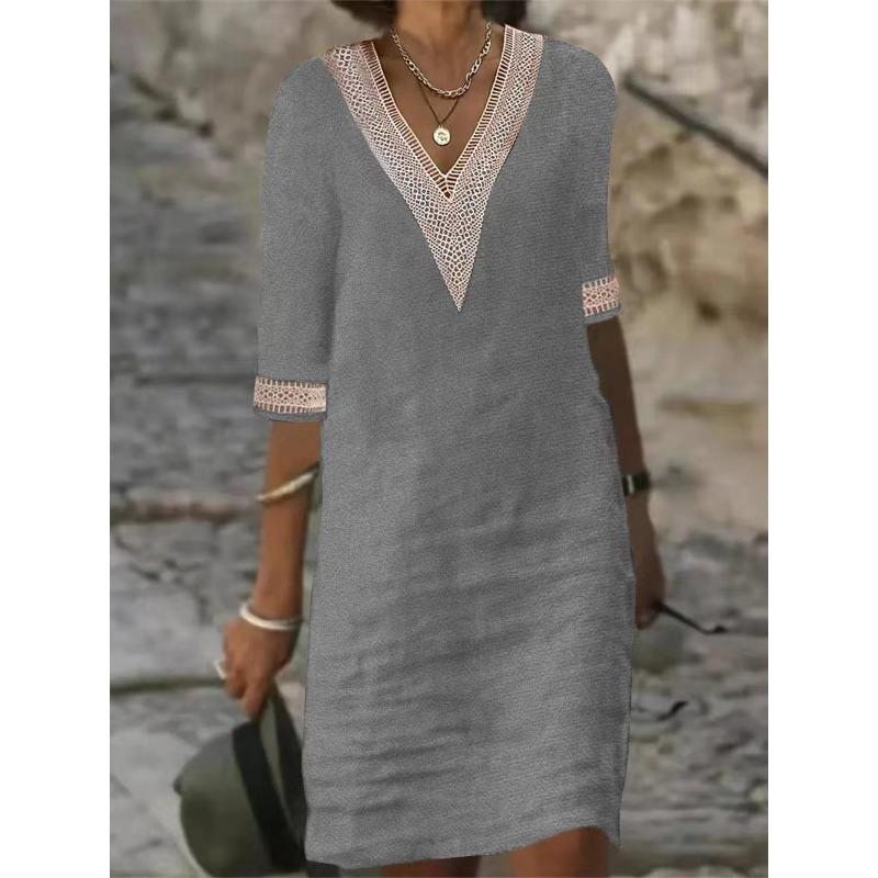 QICED Abiti Casual Estivi Primaverili a Manica 1/2 con Scollo a V e Stampa Monocolore