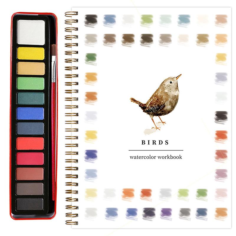 

Watercolor Workbook Beginner-Friendly Spiral-Bound Watercolor Painting Kit With 12 Colors, Paint Brush, Arts & Crafts Gift bird