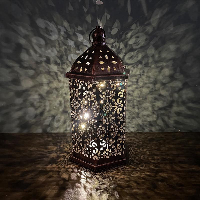 White LED Hollow Out Iron Lantern Vintage Home Decor Bedroom Living Room Ambient Lighting Craft Ornament for Indoor Outdoor Use