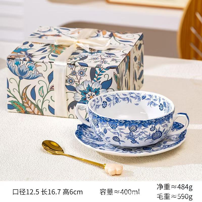 Orchidee Blau und Weiß Keramik Binaural Schalen Set, High-End Geschenke, Retro Haushaltschalen, Hochwertige Reisschalen, Knochenspuck-Schälchen