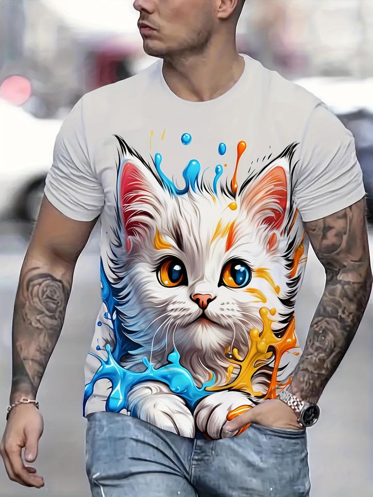 Stylish Men'S 3D Cat Print T-Shirt - Casual Stretch Fabric, Round Neck