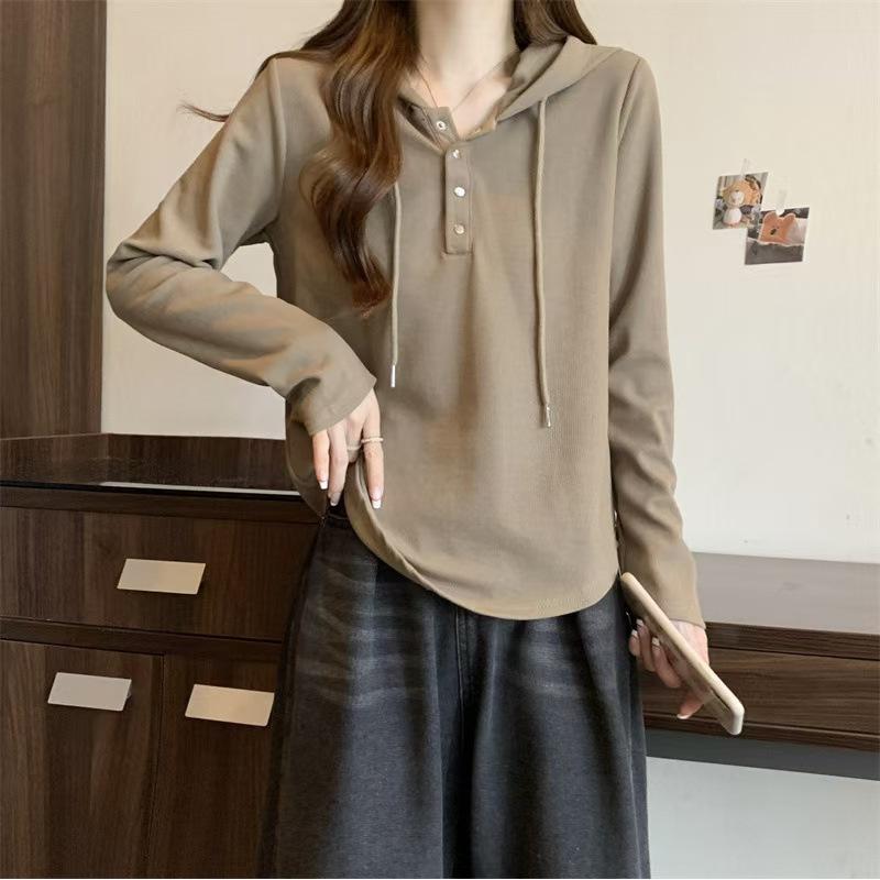 A Full-shoulder Hooded Sweatshirt for Women in Spring and Autumn, with An Irregular Design That Covers The Belly and Makes One Look Slimmer