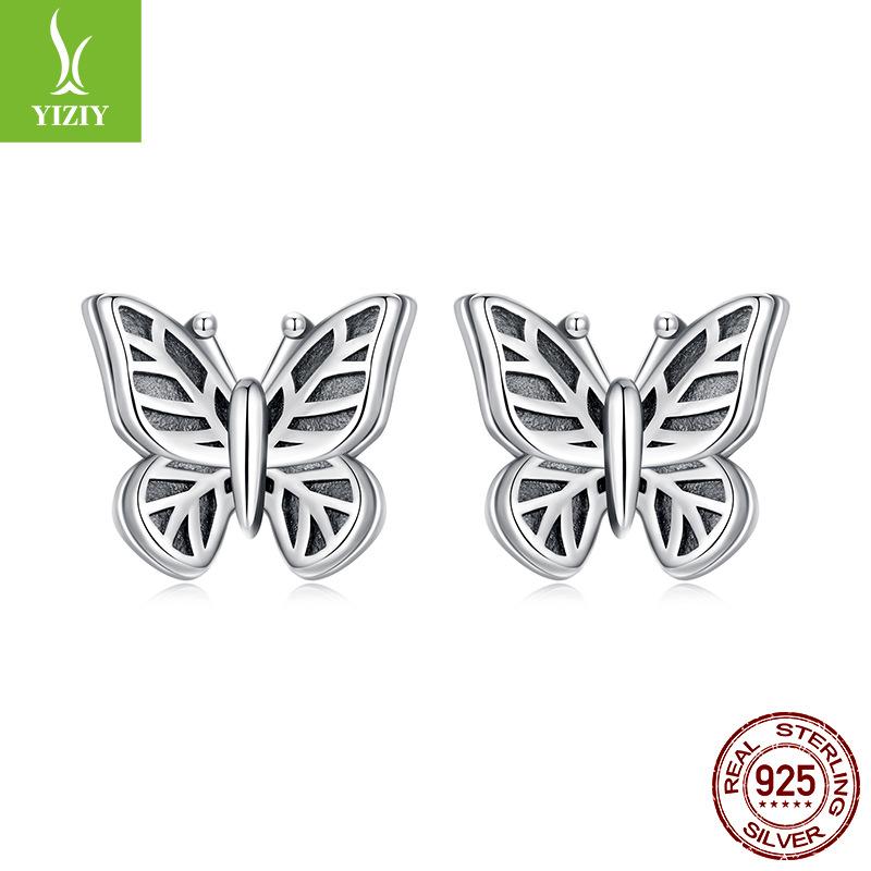 S925 Sterling Silver Retro Butterfly Stud Earrings Women'S Niche Versatile Butterfly Plain Silver Stud Earrings