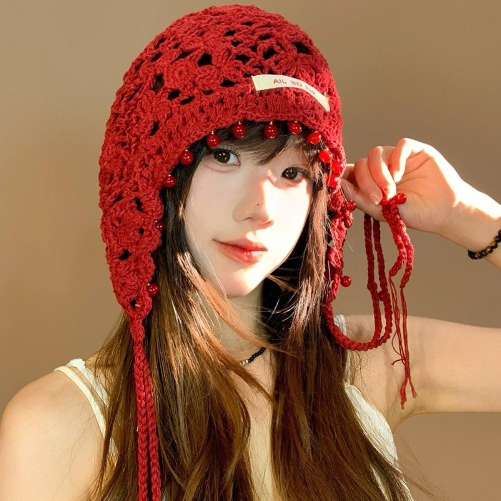 Pearls Crochet Tassels Cap Handmade Weave Basin Hats Cute Knitted Beanies Caps Outdoor