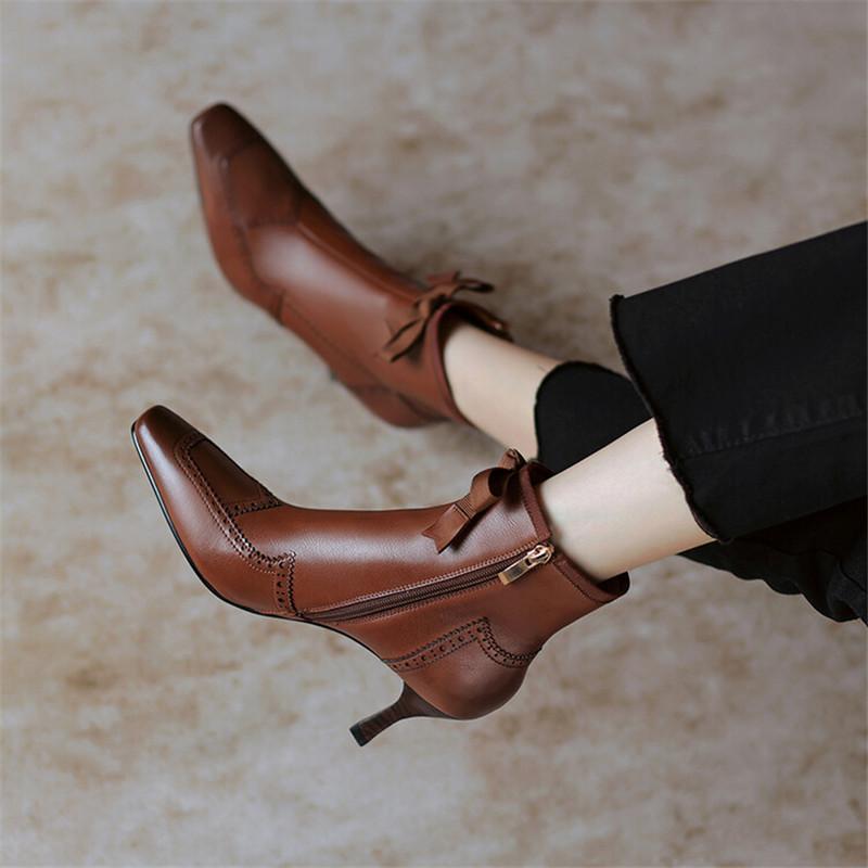 Fashion New 2025 Autumn Winter Bullock Women Shoes High Heel Genuine Leather Boots for Women Square Toe Boots Zipper Bow Ankle Boots