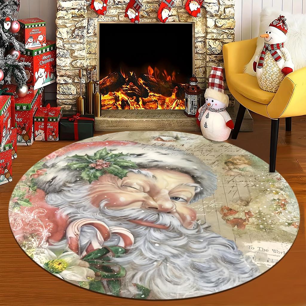 Christmas Santa Claus Pattern Round Shape Floor Mats Kitchen Hallway Runner Rug Bedroom Living Room Soft Carpet Non-slip Area Rug