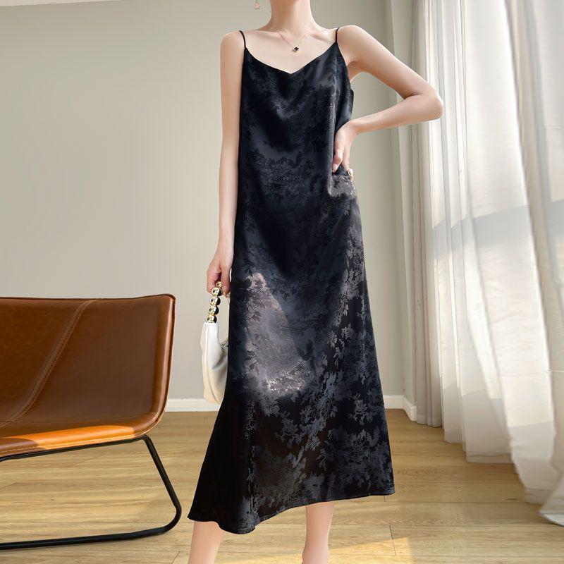 New Chinese National Style Jacquard Spaghetti Strap Over-the-Knee Satin Dress