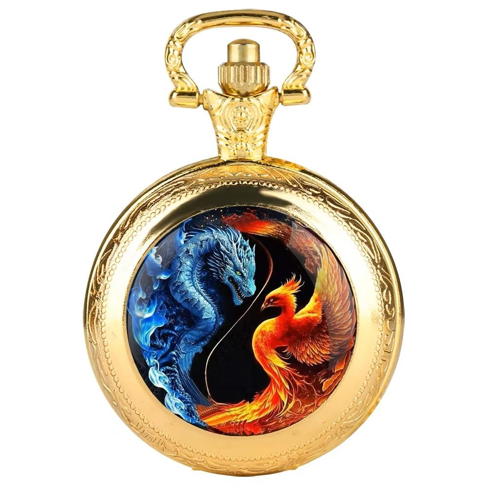 Vintage Retro Dragon Phoenix Chinese Yin yang Quartz Unisex Men Women Pocket Watch Quartz Necklace Pendant Clock Chain  Classic Dial Jewelry Gift