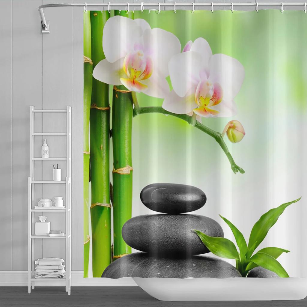 Spa Buddha Water Yoga Shower Curtain Rural Landscape Creek Stone Lotus Buddha Waterproof Polyester Bathroom Curtain With Hooks