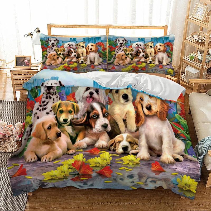 

Cute Puppy Group Bedding Set, Floral Wildlife Duvet Cover Set, Dog Lover Home Textile, Perfect Gift for Pet Enthusiasts DE 100x135cm