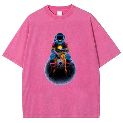 Unisex Fit Washed T-Shirt Cool Astronaut Tees Shirts Men Women Short Sleeve T-shirts Cotton Oversized T-shirt