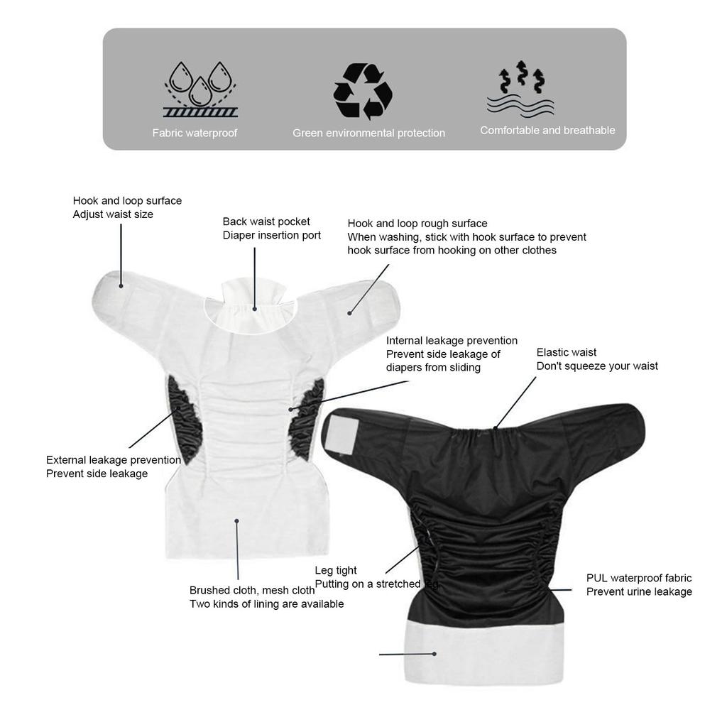 Washable Adult Cloth Diaper Nappy Reusable Breathable Incontinence Nappies Underwear for Men Women Black