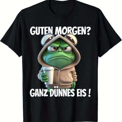 Funny German Phrase T-Shirt "Good Morning? The Ice Is Thin!" Green Frog Design & German Casual Round Neck Tee for Men Women -...