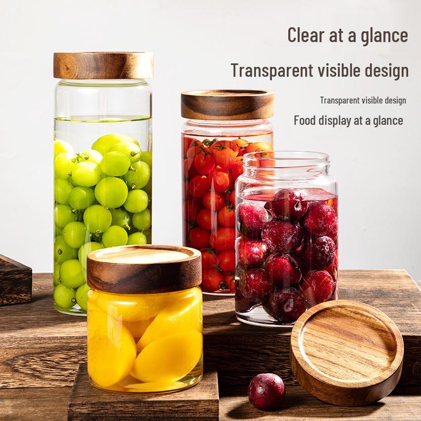 Lead-Free Glass Storage Jar with Wooden Lid - Moisture-Proof and Food Grade for Coffee and Tea