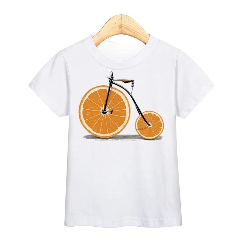 Children 2026 New Summer Tshirt Fruit Bicycle Funny Shirt Boys Girls Cartoon Tops Short Sleeve Tees