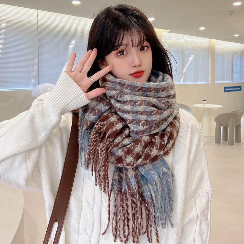 Plaid Scarf Women's Autumn and Winter New Dry Rose Pink Atmosphere Sense Advanced Sense Versatile Thickened Scarf
