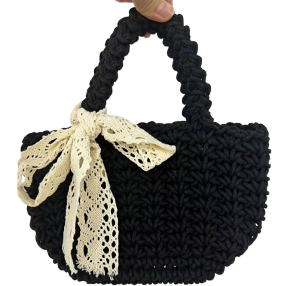 Lace Bowknot Beach Straw Bag Large Capacity Bucket Bag Trendy Braided Underarm Bag  Travel
