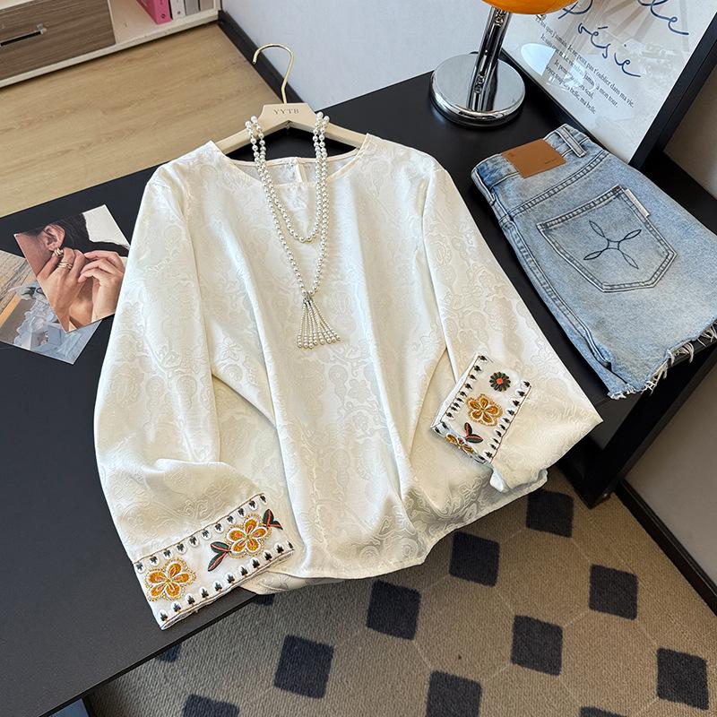 Women s Chinese Style Acetate Satin Shirt with Embroidered Jacquard, Spring Round Neck, Loose Fit M абрикосовый/бежевый