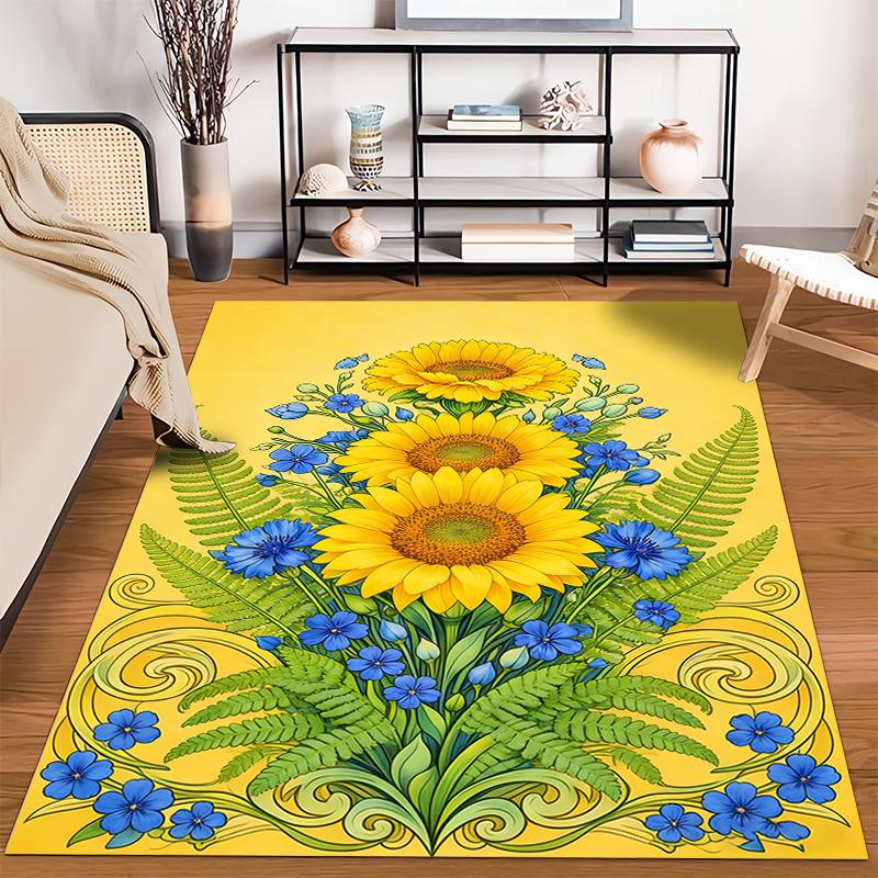 Yellow Floral Carpet with Sunflowers, Blue Flowers, and Green Fern Design Suitable for Use As an Anti-slip for Living Room Bedroom Sofas