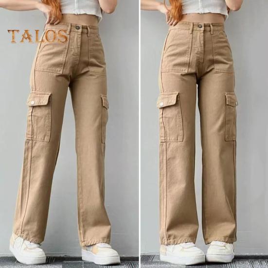 Damen-Cargohose, mittelhoher Bund, Knopfleiste, Reißverschluss, lässige Hose mit mehreren Taschen, gerades Bein, lockere Passform, einfarbig, lange Hose
