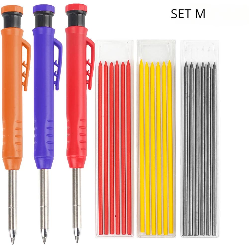 Solid Carpenter Pencil Set Woodworking Tools Mechanical Pencil 3 Colors Refill Construction Job Tools Carpentry Marking Scriber