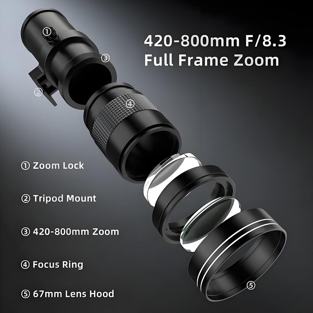 Super Telephoto Lens for Canon/Nikon/Sony - 420-800mm F/8.3-16 Long Focus Lens (Manual Zoom) for Manual Focus Dslr Cameras Lens