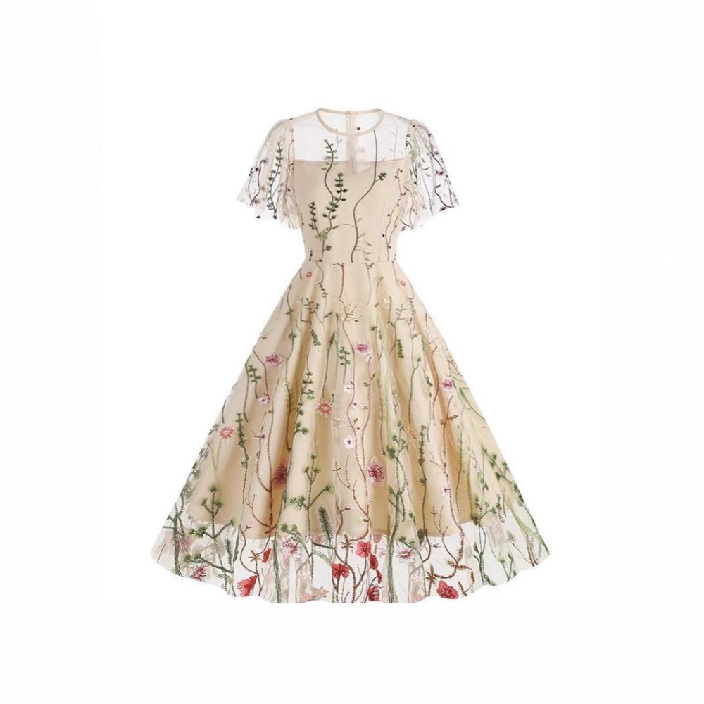 Women's Crew Neck Short Sleeve Midi Dress A Line Mid Waist Mesh Floral Embroidery Swing Dress Vintage Evening Party Dress