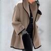 Women's Multi-Color Fashionable Crew Neck Loose Hooded Woolen Coat with Color-Blocked Piping Autumn Winter Outer Wear