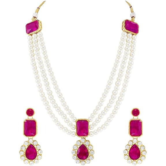 Gold Plated Kundan Long Necklace Earring Indian Traditional Jewellery Set for Women & Girls