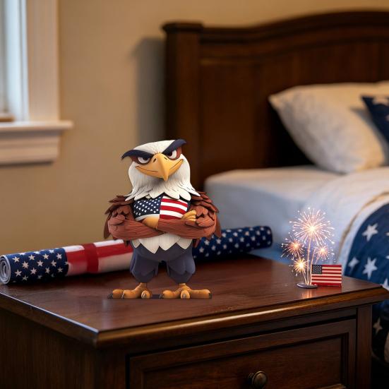 Tabletop 2D Wooden Bald Eagle Figurine, 4th of July Patriotic Eagle Statue with Base for Independence Day Home Table Decor