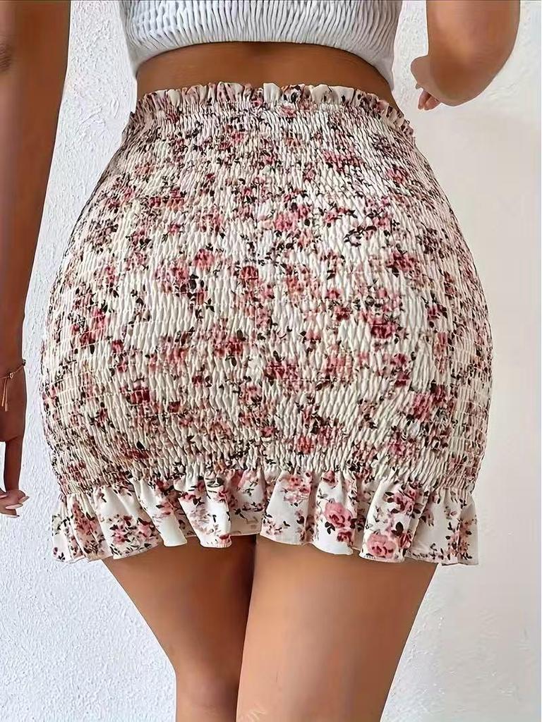 European & American Trendy Printed Waist-Cinching Shirred Slim-Fit Women's Summer Mini Skirt