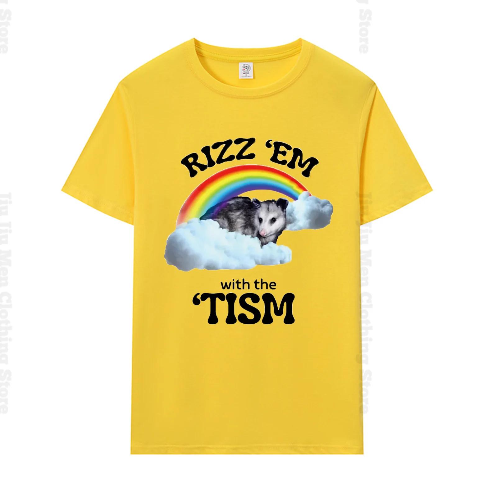 

Футболка Rizz Em With The Tism с изображением аутизма, забавный мем с опоссумом, подарочные футболки для аутистов, 100% хлопок, унисекс, повседневная футболка с круглым вырезом, большой размер 4XL