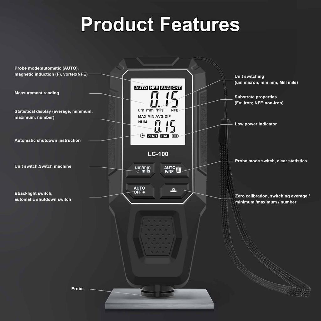 Industrial Thickness Gauge ABS Material Professional Paint Meter Tester Digital Display for Car Wall Drywall Workshop Use
