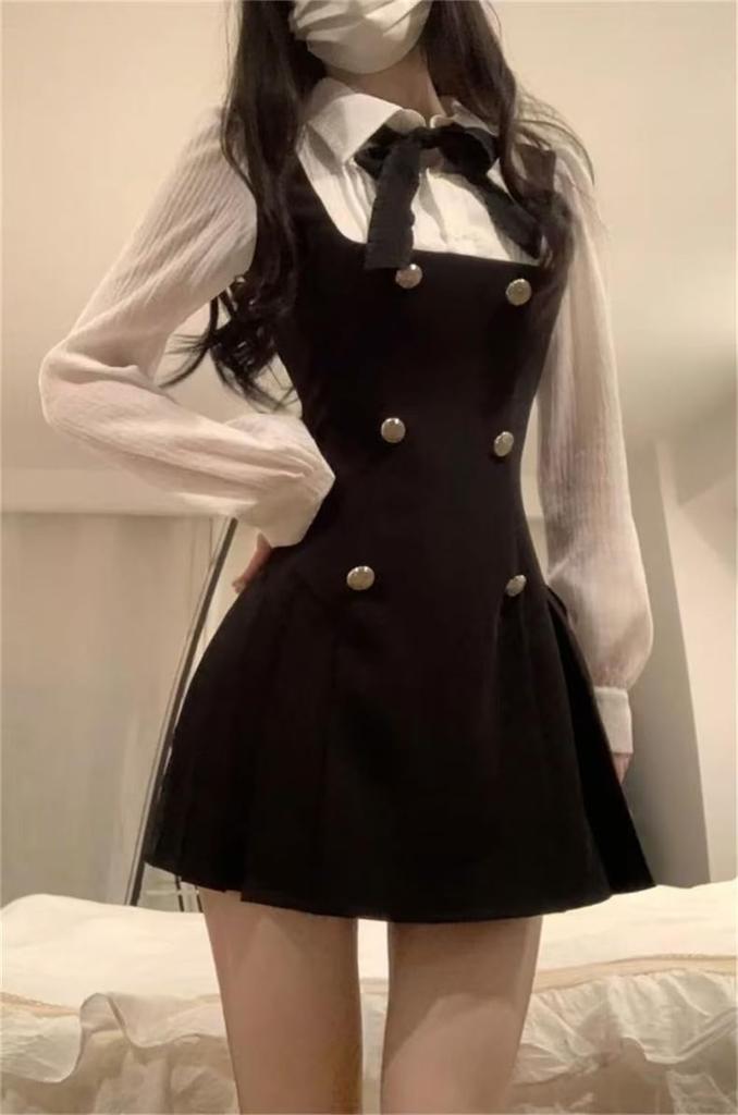 KEWJYUE Layered Long Suspender Shirt Mori Girl Everyday Wear Women's Dress, Sleeve, High-Waisted, Slimming, School-Style, Skirt, Dress, Style,