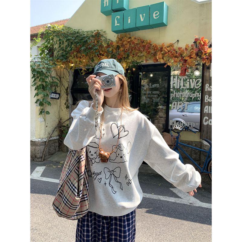 Kumikumi Sweet Style Fun Cartoon Print round Neck Long Sleeves Sweatshirt Female Autumn Loose Versatile Casual Top