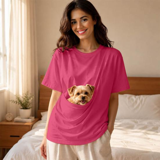 Solid Color T-shirt Women Pet Pouch T-Shirt, Dog Cat Carrier Short Sleeve Shirt for Hands Free Carrying Clothing Summer, Loose Casual Crew Neck