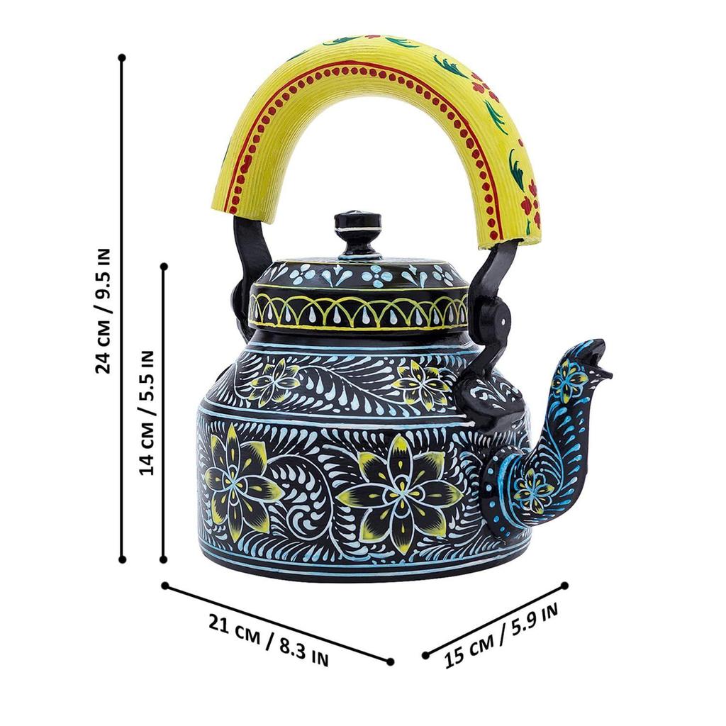 Handcrafted & Handpainted Multicoloured Aluminium Tea Kettle Pot and 6 Glasses with Stand (Black, Yellow, White)