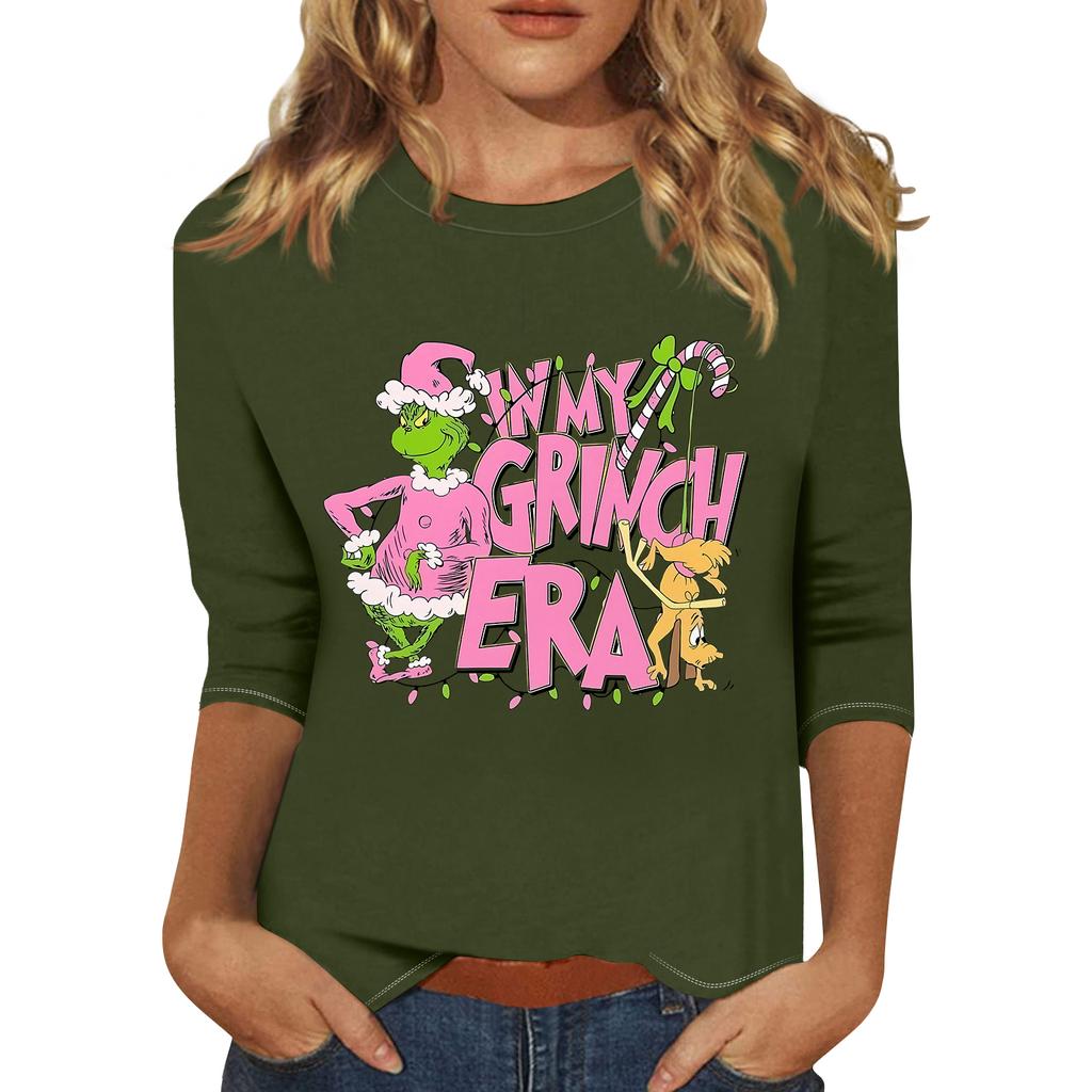 3/4 Sleeve Tops For Women T-Shirt Casual Christmas Print Tops T Shirt Round Neck Pullover Blouse