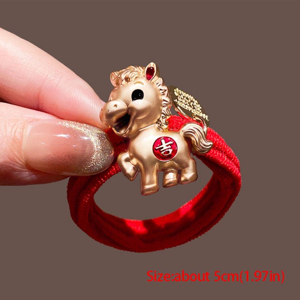 Cute Red Rope New Year Red Hair Rope 2026 Alloy Horse Year Hair Ring Bracelet Chinese Style Horse Year Rubber Band Girls