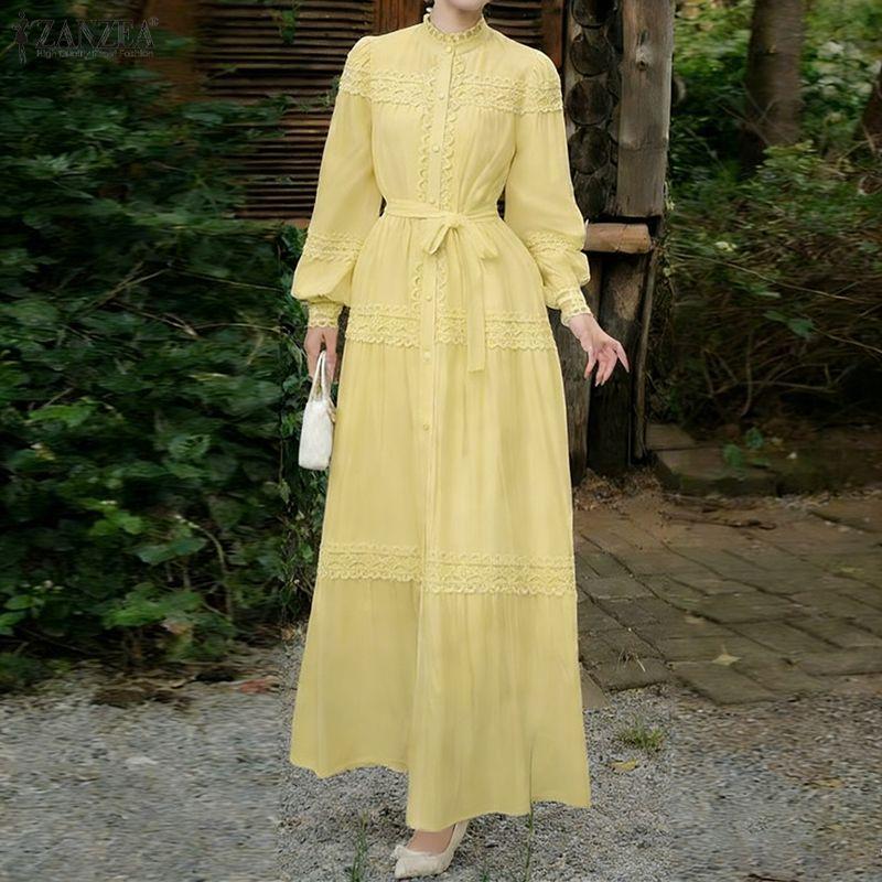 ZANZEA Women Casual Round Neck Long Sleeve Lace Patchwork Long Dress