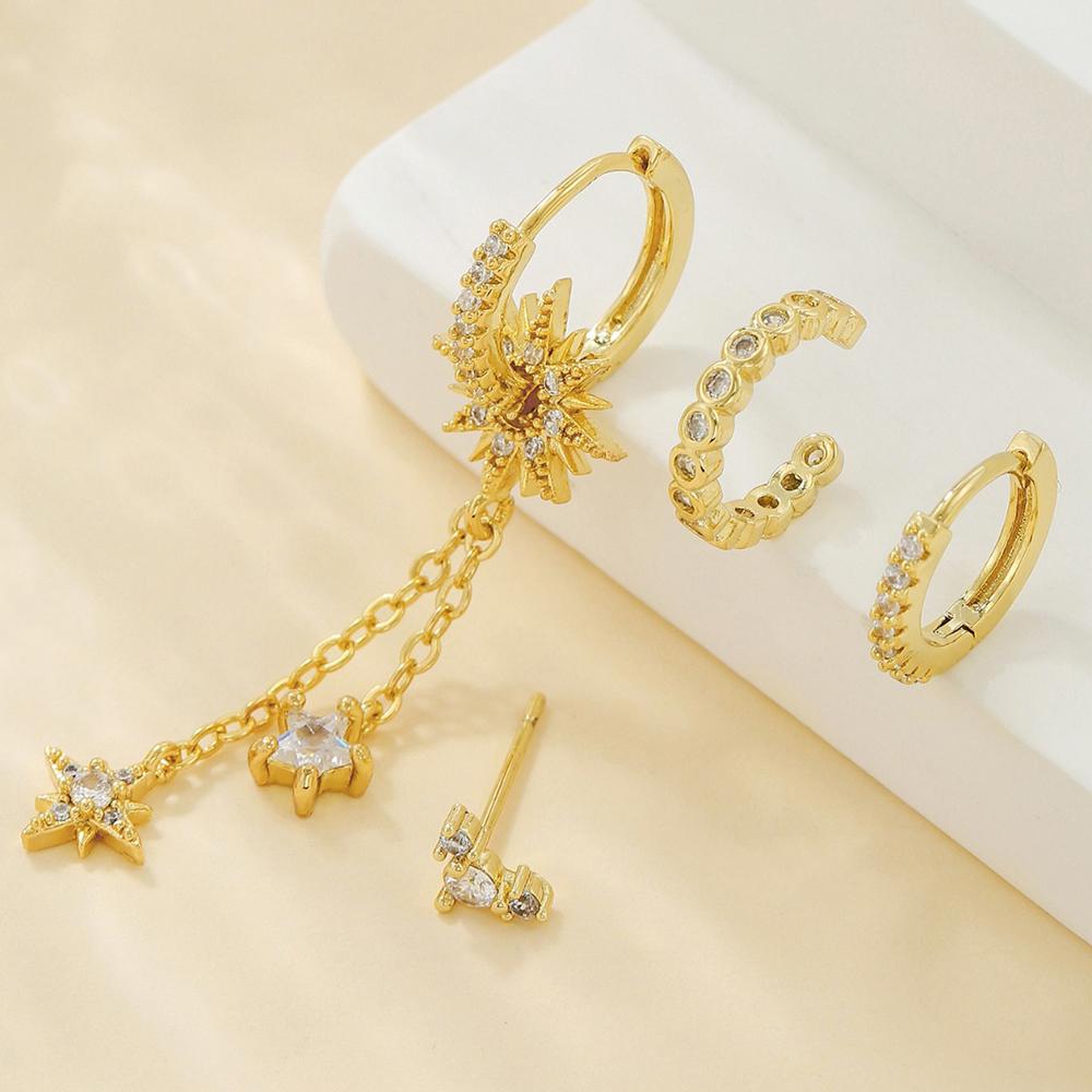 Vintage Stainless Steel Cubic Zirconia Sun Star Dangle Earrings Punk Rock Long Chain Huggies Earring Cartilage Piercing Jewelry