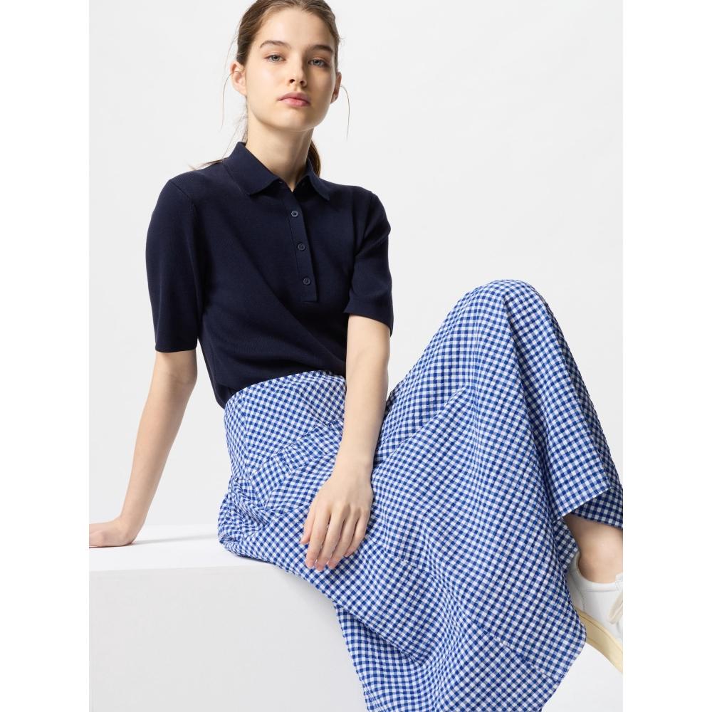 

Uniqlo Seersucker Volume Skirt Check Skirt Length 83 87 Cm 65 BLUE/WOMEN S