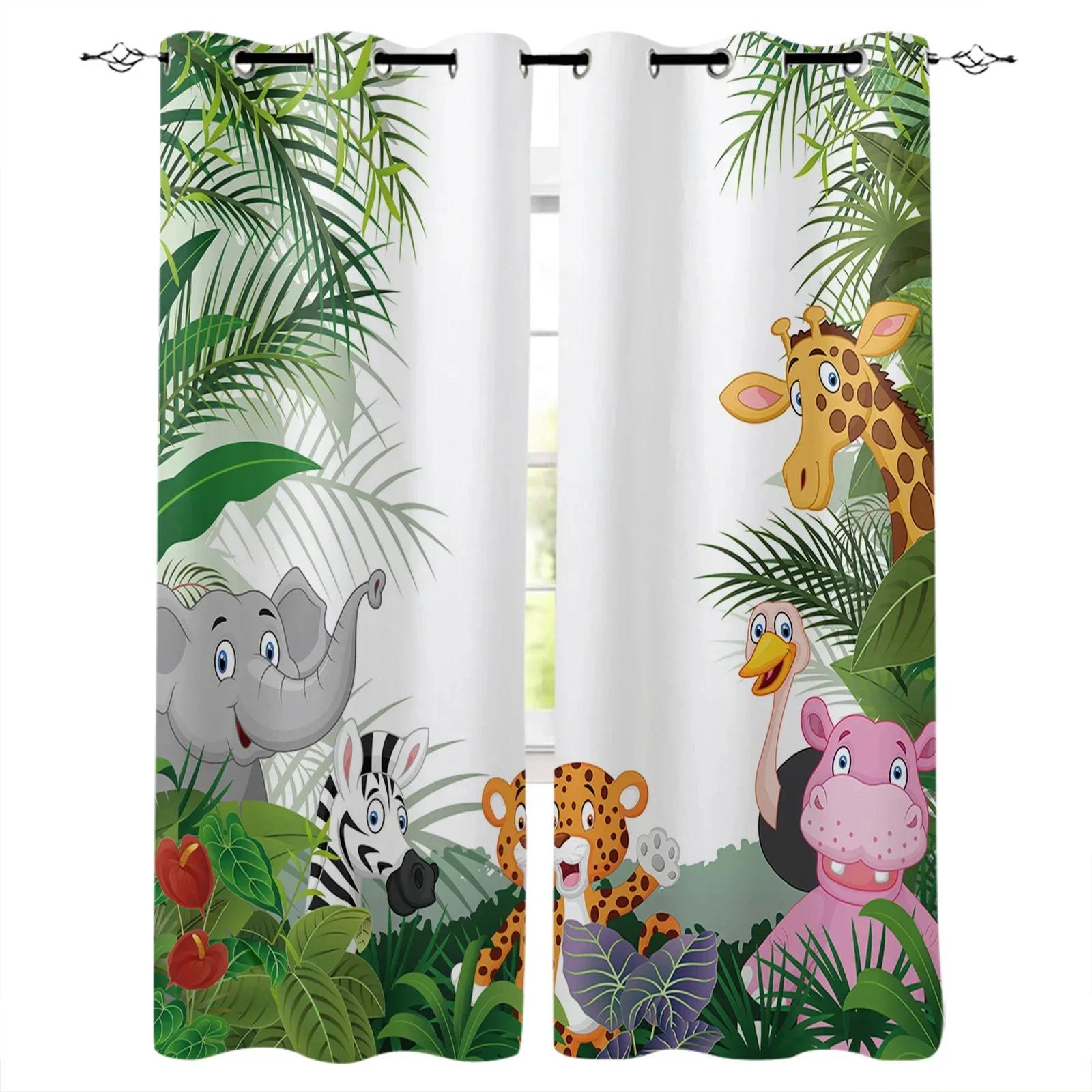 Slaapkamer Keukengordijn Cartoon Dierentuin Dieren Collectie Jungle Kind Raamgordijnen Gordijnen voor Woonkamer Decoratieve Artikelen 2x50Wx50H(CM)&Hook