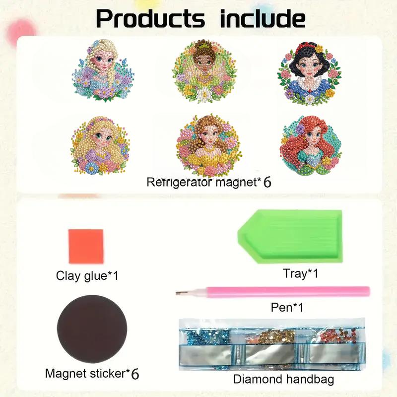 DIY Diamond Painting Refrigerator Magnets, Disney Princess Theme, Cross-stitch Round Diamond Handicraft Home Decoration Gift