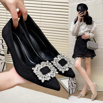 Fashion Women Shoes Fashion Rhinestone Square Buckle Bridesmaid Wedding Shoes Solid Flock Pointed Toe Stiletto Pumps French High Heels